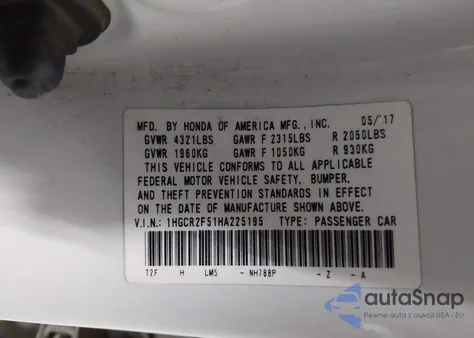 2017 Honda Accord Sport from USA, damaged, VIN 1HGCR2F51HA225195